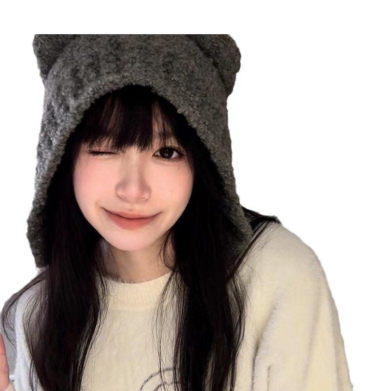 Bear Ear Hat Female Autumn and Winter Japanese Cute Face Small Warm Ear Protection Knitted Hat Korean Version Versatile Wool Hat