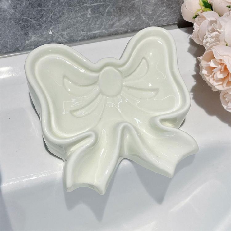 Ceramic Soap Holders with Bows Drainages Enhanceds Design Bathroom Counter Organizers Decorative Sink Tray