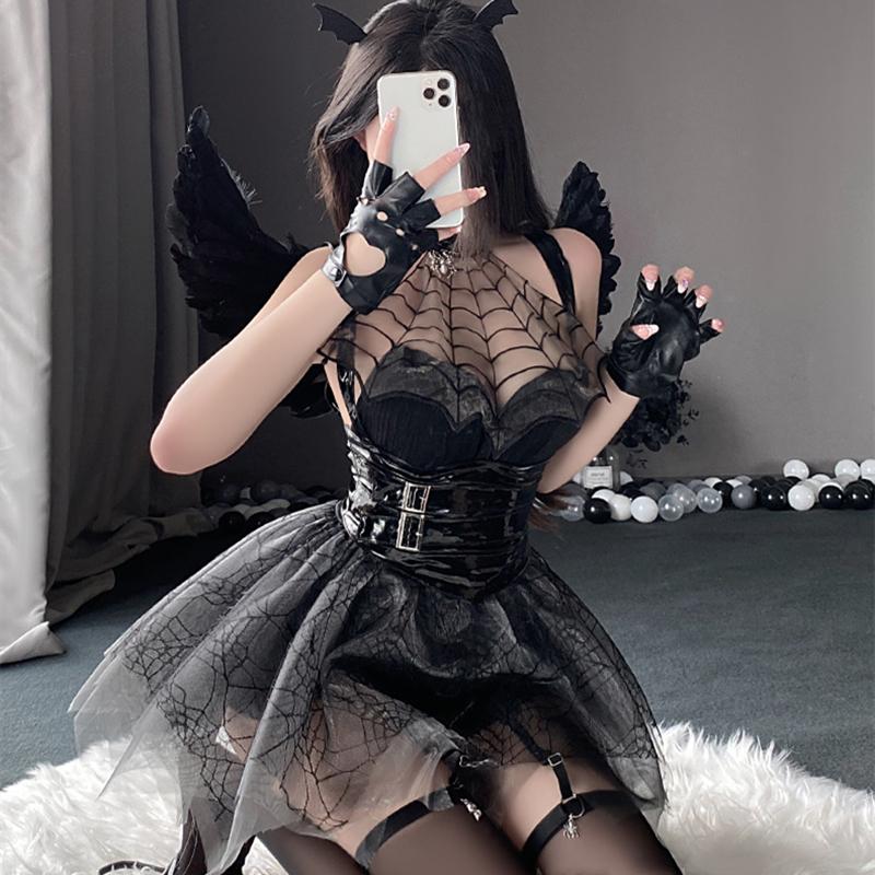 Sexy Lingerie Little Devil Cosplay Costumes Spider Dress Patent Leather Waist Women's Demon Halloween Anime Roleplay Witch Skirt