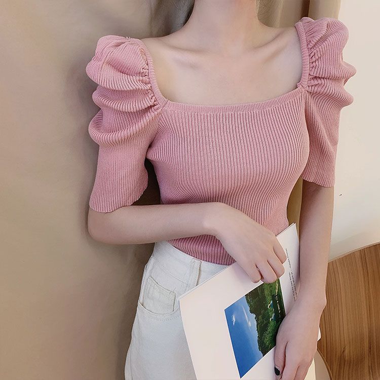 Summer Design Retro Square Neck Slim Knit Top Short Sleeved T-shirt for Women