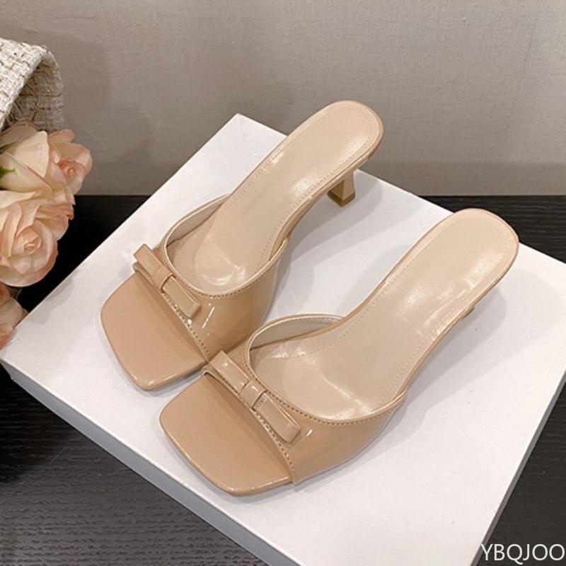 High heeled slippers women's new summer outfit square toe slim heel bow sandals versatile stylish women's shoes