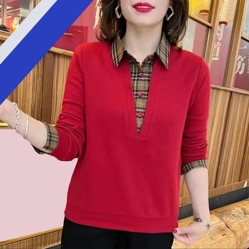 

Женская осенняя рубашка в клетку с лоскутным воротником, темперамент матери среднего возраста, омолаживающая, большого размера 5XL