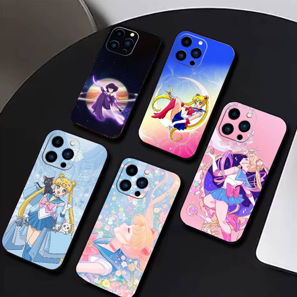 Cartoon E-Sailor M-Moons Phone Case For iPhone17,16,15,14,13,12 Plus,Max Soft Silicone Black Cover