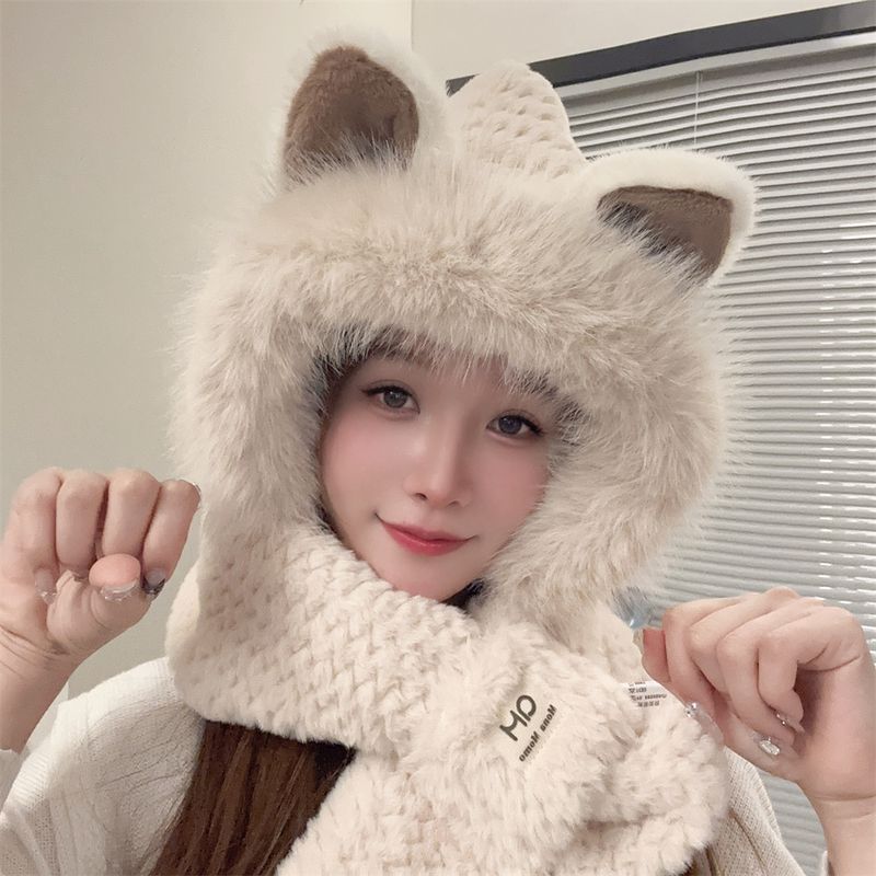 

2024 New Arrival Fox Stuffed Hat Scarf Integrated Women s Autumn and Winter Thickened Heattech Cycling Earflaps Hooded Scarf Beige One size