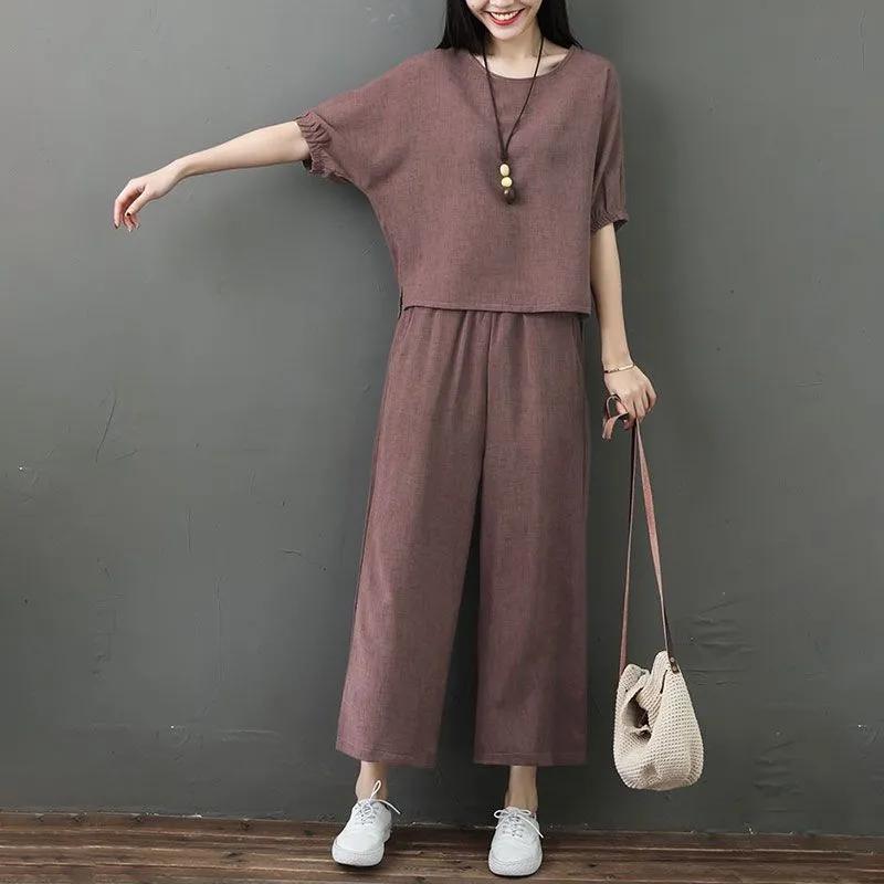 Loose Casual Two-piece Summer Mother Women's Fashion Suit Nine-point Pants Wide-leg Pants
