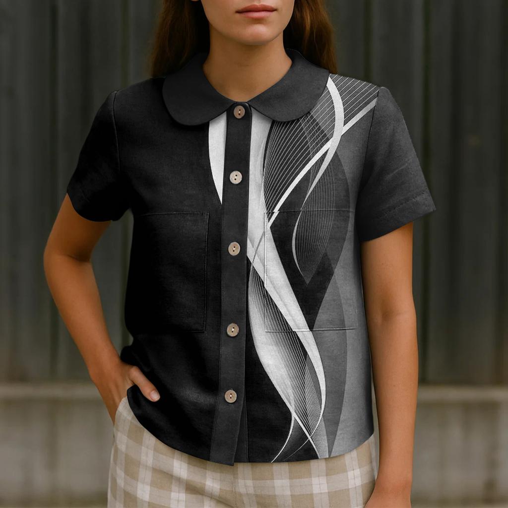 Women's Casual Fashionable Printing O Neck Button Short Sleeved Top
