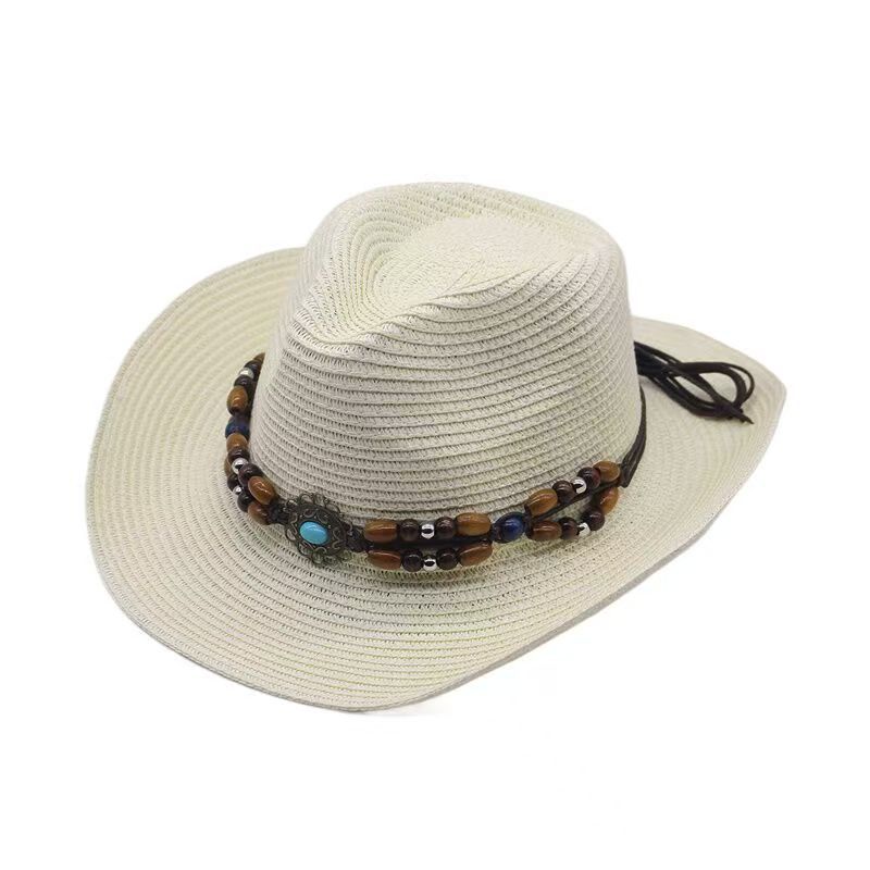 Spring and summer ethnic style western denim straw hat European and American men and women foldable windbreak rope knight sun hat adult