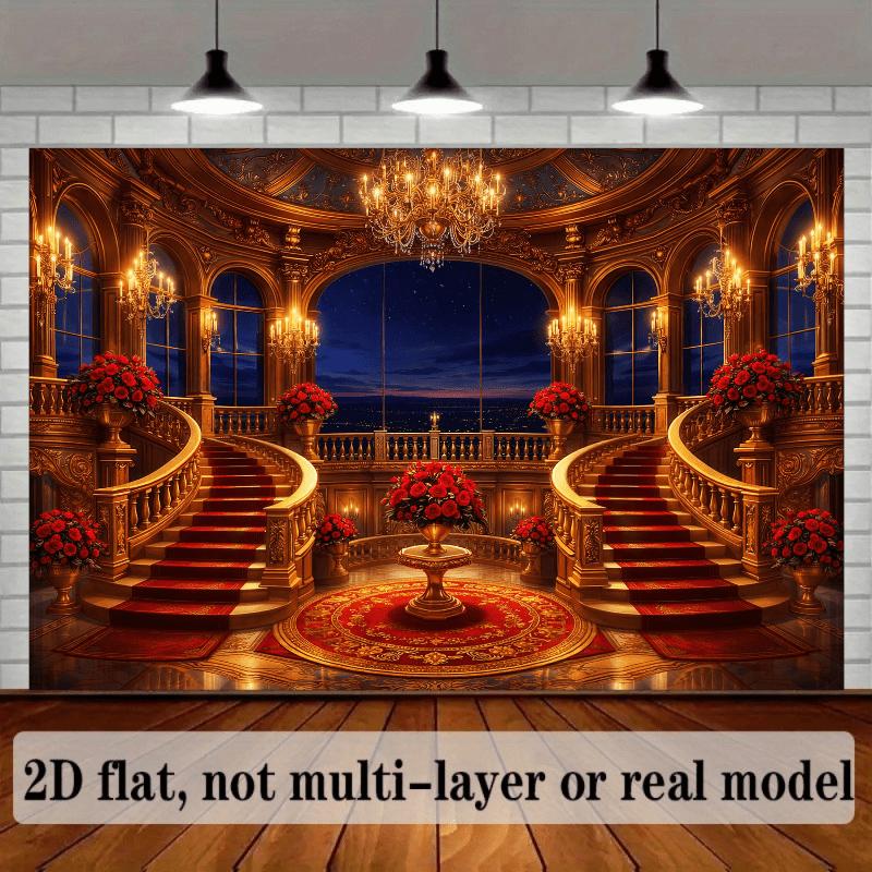 2D plane 1 piece of golden engraved theme background cloth double-layer rotating staircase fountain red rose potted plant