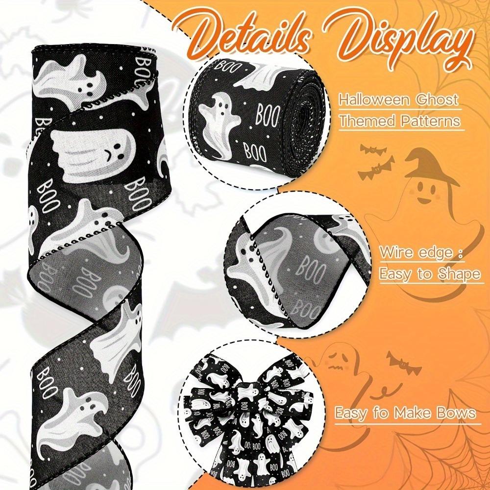 2rolls Halloween Ghost Boo Themed Wired Edge Ribbon Classic Style Black White Halloween Craft Fabric Ribbon for Wreath Bow Making DIY Gift Wrapping