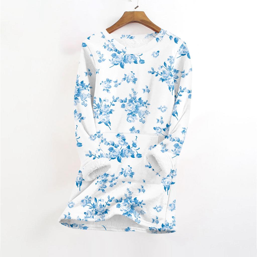 Women's Fashionable Printed Round Neck Long Sleeved Plush Warm Pullover Top