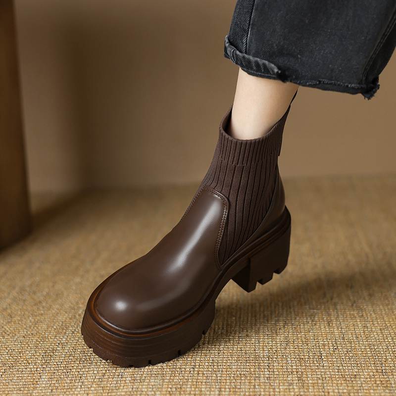 Krazing Pot Microfiber Autumn Winter Shoes Thick High Heels Thick Bottom Size 43 Motorcycle Boots Stretch Knitwear Ankle Boots