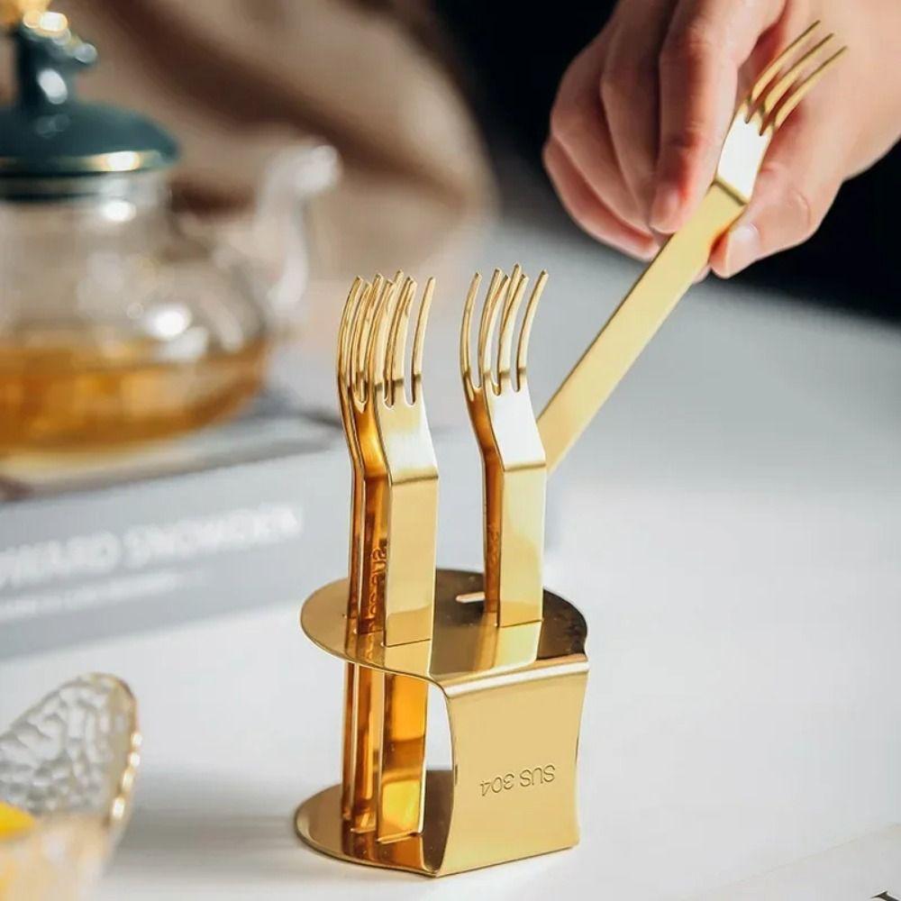 

6Pcs with Stand Coffee Tea Fork Set Gold Silver Cake Dessert Fork Durable Fruit Fork