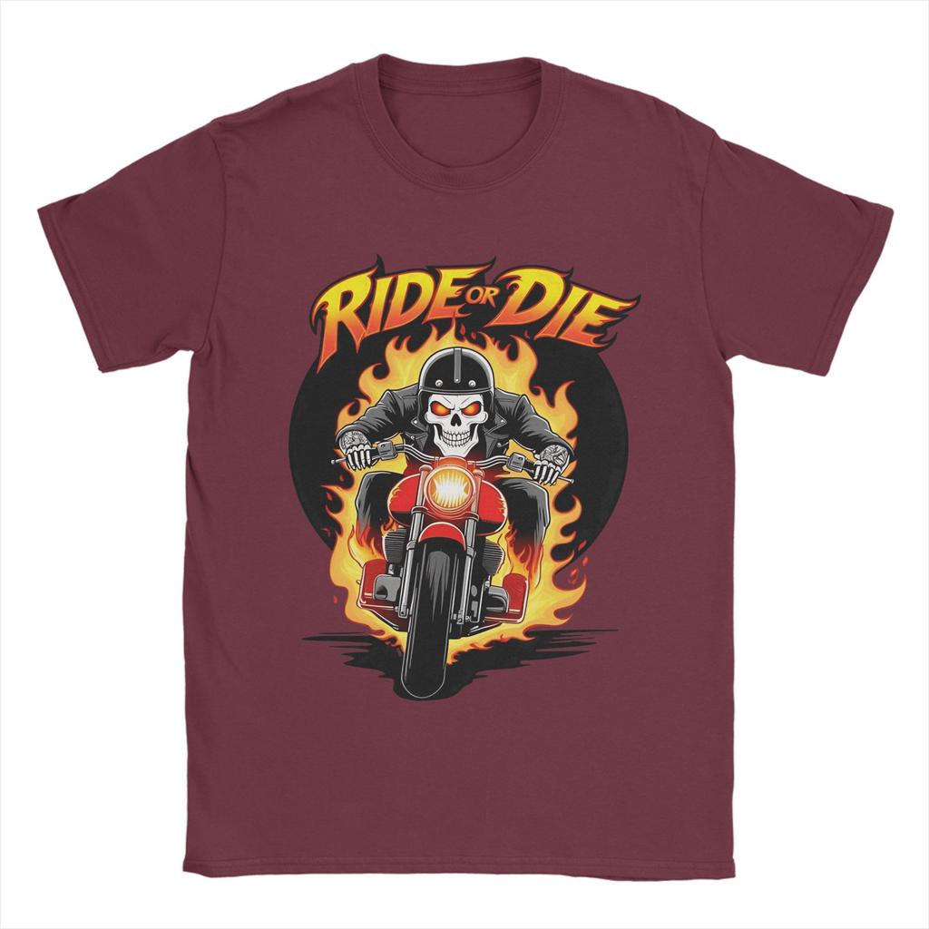 Unisex TShirt Ride or Die Fiery Skull Biker Funny  Cotton Tees Short Sleeve  T Shirt Crew Neck Clothes Gift