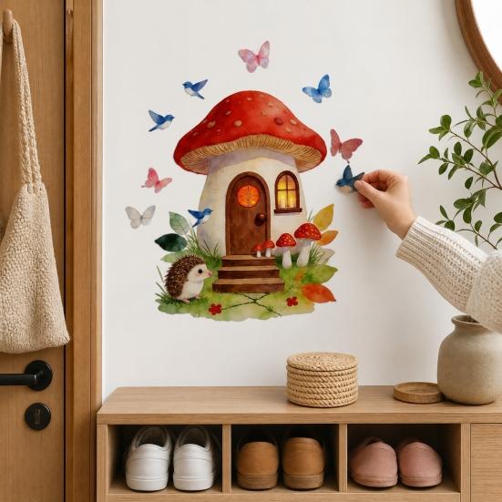 Mushroom House Wall Stickers, Peel And Stick Vinyl Decals, Watercolor Fairy Tale Wall Stickers with Hedgehogs Birds Butterflies for Kids Bedroom