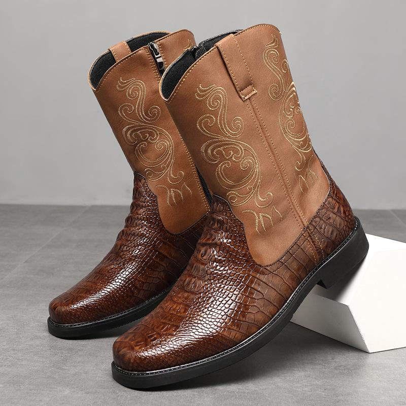 Fashion Men's Wide Width Tall Cowboy Boots Fall 2025 PU Leather High Shaft Western Embroidered Workwear Vintage Riding Boots for Outdoor