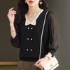 Bow Medium-sleeved Women's Spring and Summer New Chiffon Seven-quarter-sleeved Knitted Top To Cover the Belly and Show Thinness