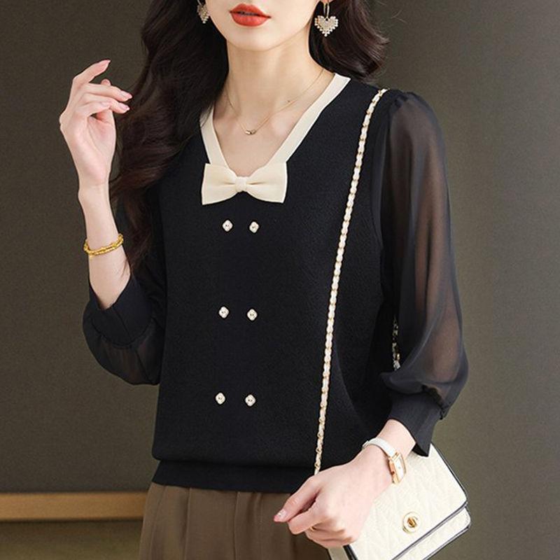 Bow Medium-sleeved Women's Spring and Summer New Chiffon Seven-quarter-sleeved Knitted Top To Cover the Belly and Show Thinness