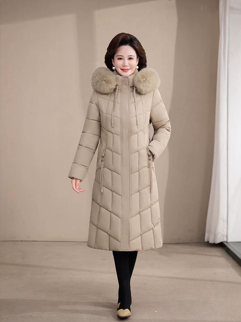Middle-aged and elderly large-size thin cotton-padded jacket, mother down cotton-padded jacket, winter clothing, long over-knee thickened cotton-padd