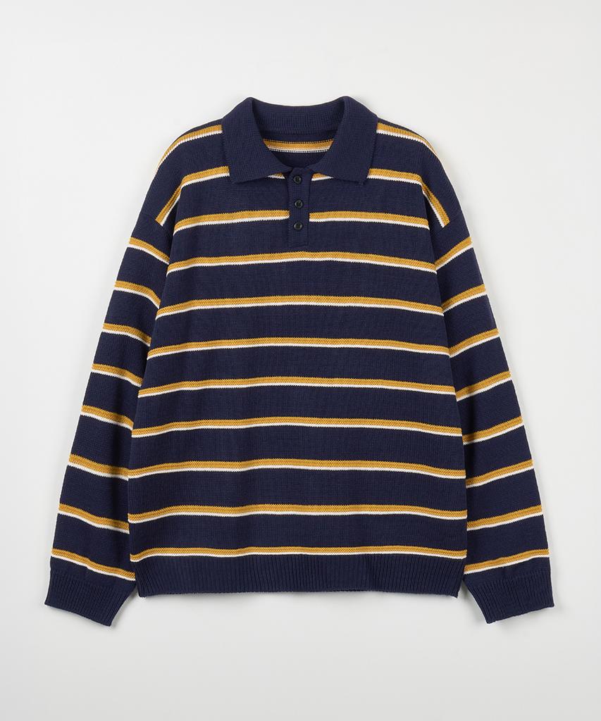 NODU Multi-Color Block Collared Stripe Knit T-Shirt [Navy]