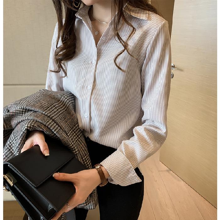Large Size Vertical Striped Shirt Female Loose Shirt Long-sleeved Bottoming Shirt Tide Vintage Basic Office Casual Women Shirt Comfortable Clothes