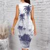 Women Plus Size Sleeveless Round Neck Midi Bodycon Dress Black Ocean Shell Seahorse Print Slim Fit Dress