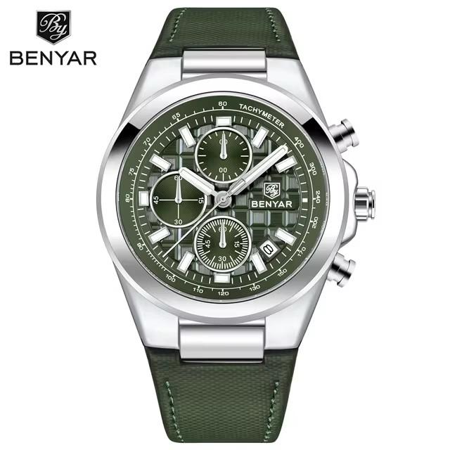 BENYAR5206 Men's Watch: Stylish Leather Strap Quartz Chronograph, 30M Waterproof, Luminous Display