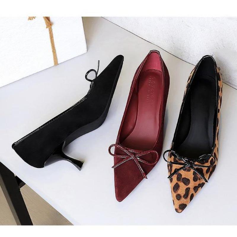Fashion Elegant Leopard Print Velvet High Heels Bow Decor Pointed Toe Women's Dress Shoes Sexy Women Pumps Sandalias De Mujer Size34 40