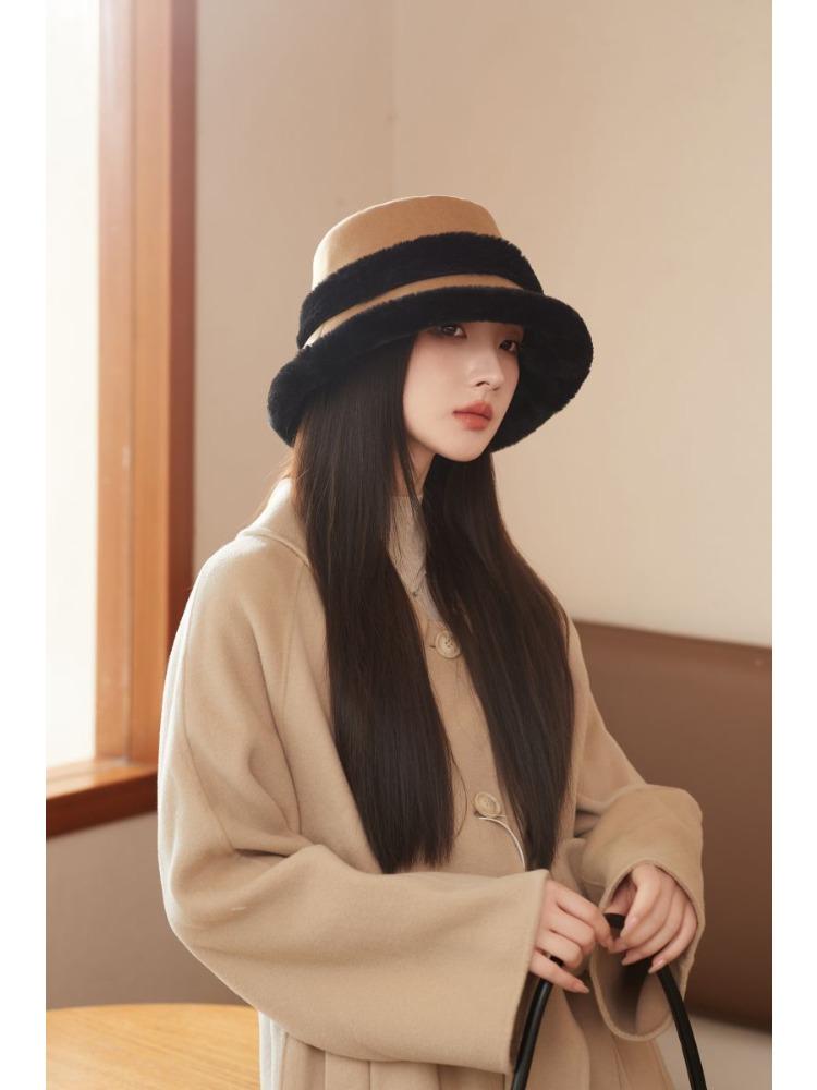 Autumn and Winter Thickened Plush Splicing Bucket Hat Women's Ear Protector Hat Basin Hat for Casual & Formal Outfits, Cold Weather Gear
