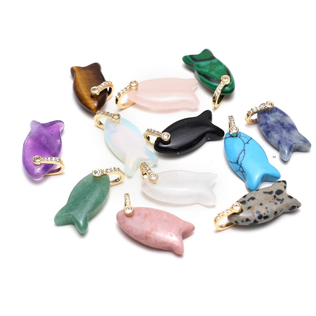 5Pcs, Natural Stone Crystal Rose Quartz Malachite Gemstone Pendant, Boho Handmade Small Fish Charms for Jewelry Making DIY Crafts, Unisex Gift 12×18mm