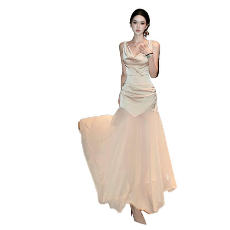 Swinging neck satin splicing chiffon pleated suspender dress waist thin hip skirt women's banquet evening dress