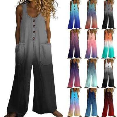 Women's Fashionable Casual Button-down Sleeveless Jumpsuit With Gradient Print Cotton Pocket Jumpsuit