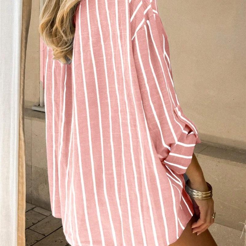 European Style Spring and Summer Loose Fitpolo Striped Blouse Vacation Jacket L розовый