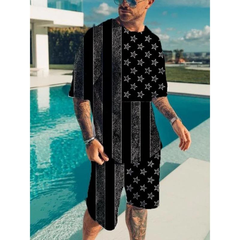 23 Prints Mens 2Pcs Casual Outfit Trendy Short Sleeve T-Shirt Quick-Dry Shorts Set For Stylish Summer Workouts Athleisure Wear