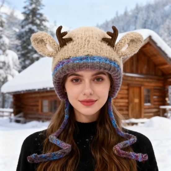 Vánoční čepice s parohy a ochranou uší, dvoufunkční design, ručně pletená slavnostní zimní čepice, kabelka, sváteční dekorace