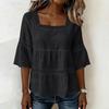 Women Lace Trim Waist Shirt Square Neck Tie Top Casual 3/4 Sleeve Blouse Lightweight Breathable Fabric Relaxed Fit