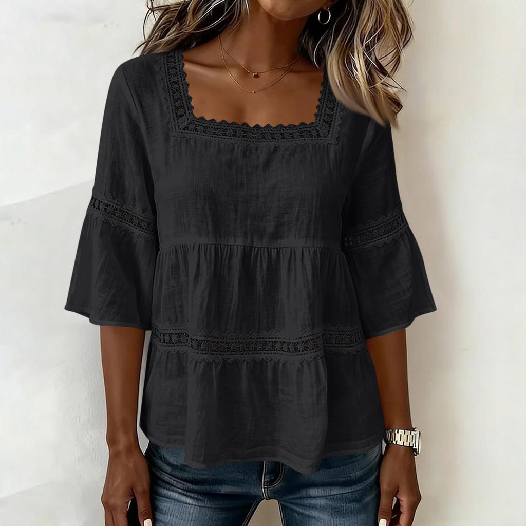 Women Lace Trim Waist Shirt Square Neck Tie Top Casual 3/4 Sleeve Blouse Lightweight Breathable Fabric Relaxed Fit