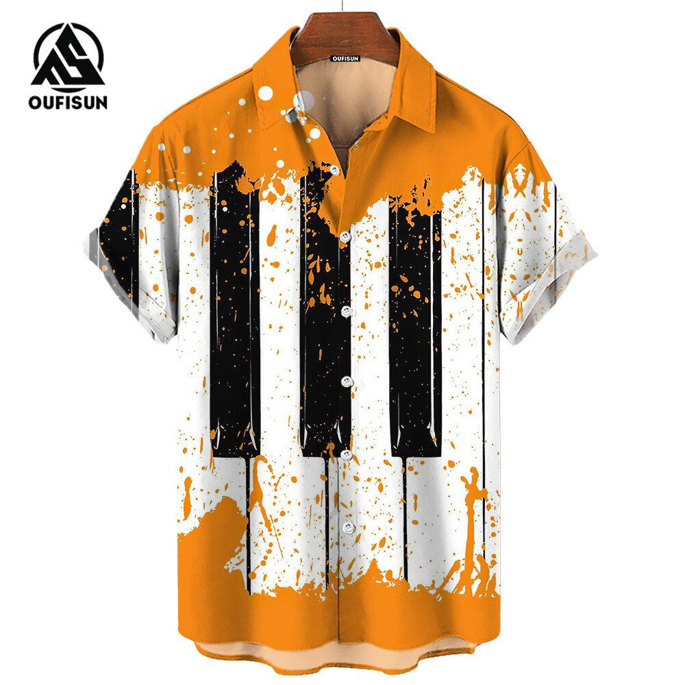 Men's Short Sleeve Shirts Piano Guitar Pattern Notes Printed Tops Summer Street Trend Men's Shirts Oversized Tops
