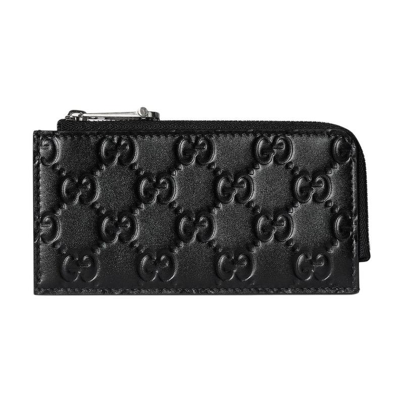 Gucci GG Emblem embossed distressed GG pattern zipper closure smooth leather card holder men's black