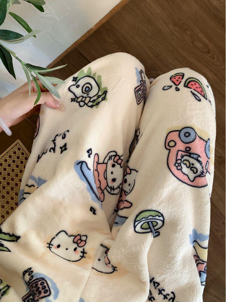 Korean Style Women's Fleece Pajama Pants - Flannel Cartoon Design for Autumn and Winter