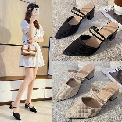 Chaussures d'été pour femmes grande taille bout pointu talon épais mules cool décontractées talons moyens hauts sandales d'extérieur 34-42
