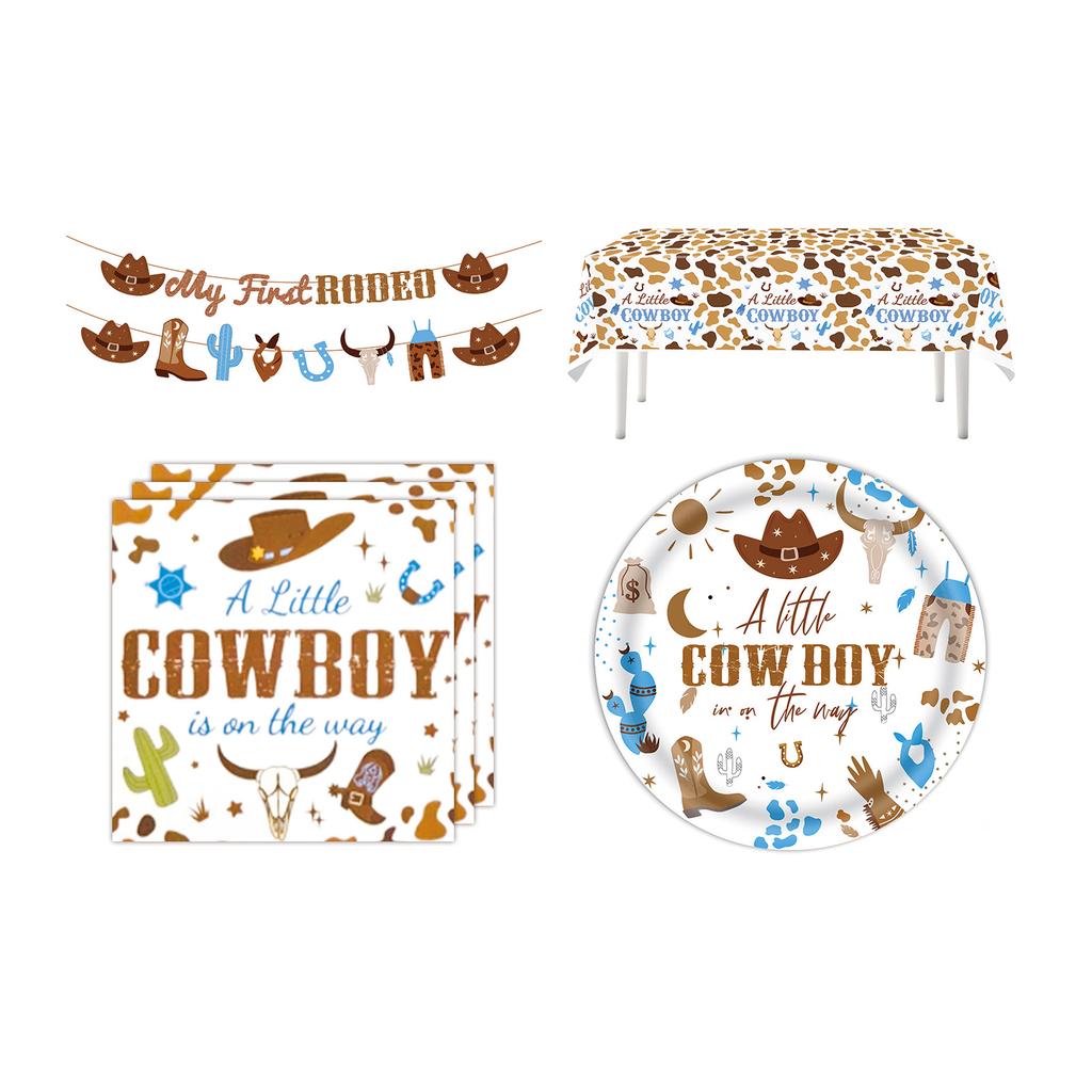 Western Cowboy Party Tableware Set Horse Party Plates Flags Napkins Tablecloth for Birthday CelebrationsThemed Events