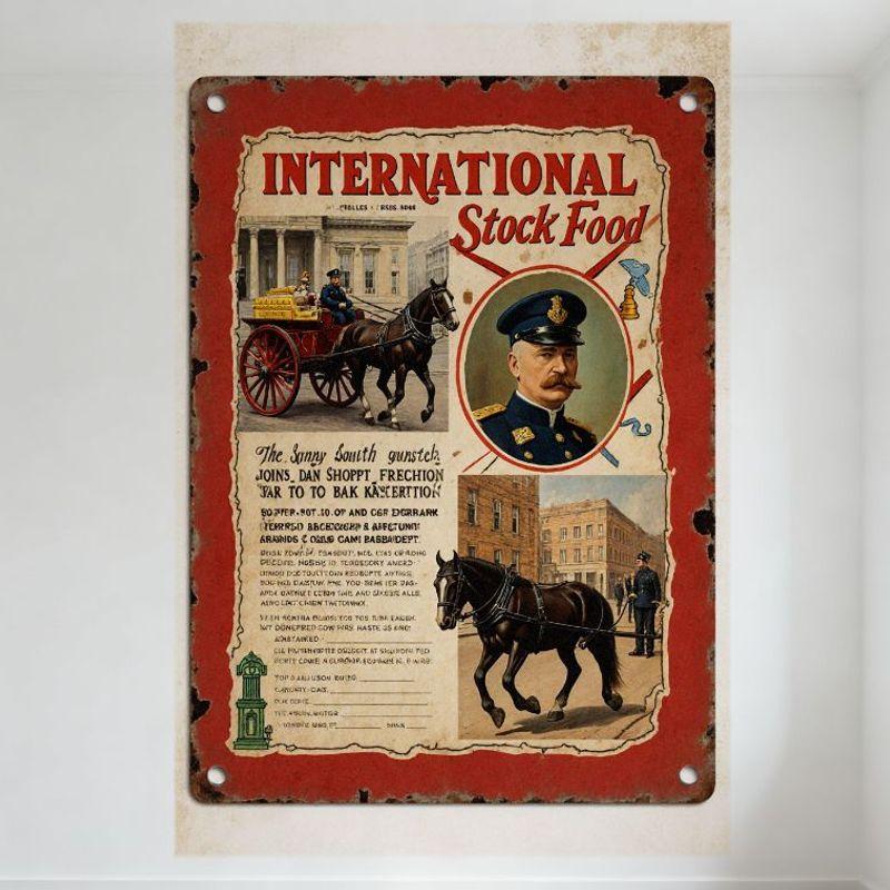 

Vintage International Stock Food Metal Sign Aged Rusty Red Background White Text Horse & Cart Illustrations Old Advertisement fo 20x30cm（7.8x11.8inch）