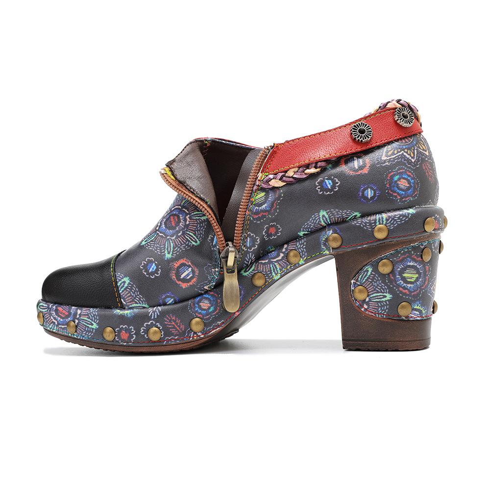 7.5cm Sheepskin Leather PU Ethnic Summer Chunky Heel Women Handmade Print Ladies Fashion Moccasins Metal Decoration Shoes
