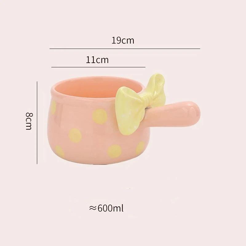 Cute Bowknot Ceramic Bowl with Handle, Aesthetic Salad, Dessert & Breakfast Oatmeal Bowl Pink