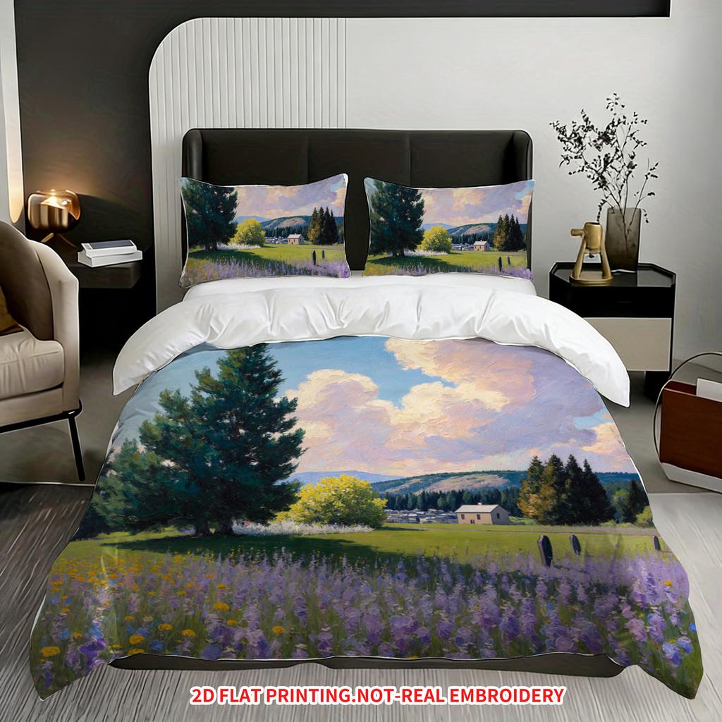 Pillowcase And Quilt Cover Three-Piece Set,Oil Painting Style Pastoral Flower Sea Pattern,Breathable And Machine Washable