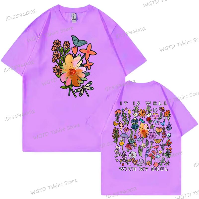 Inspirational Quotes Shirt Design Floral It Is Well with My Soul Graphic T Shirts Women Christian Floral Tops Wild Flowers Shirt