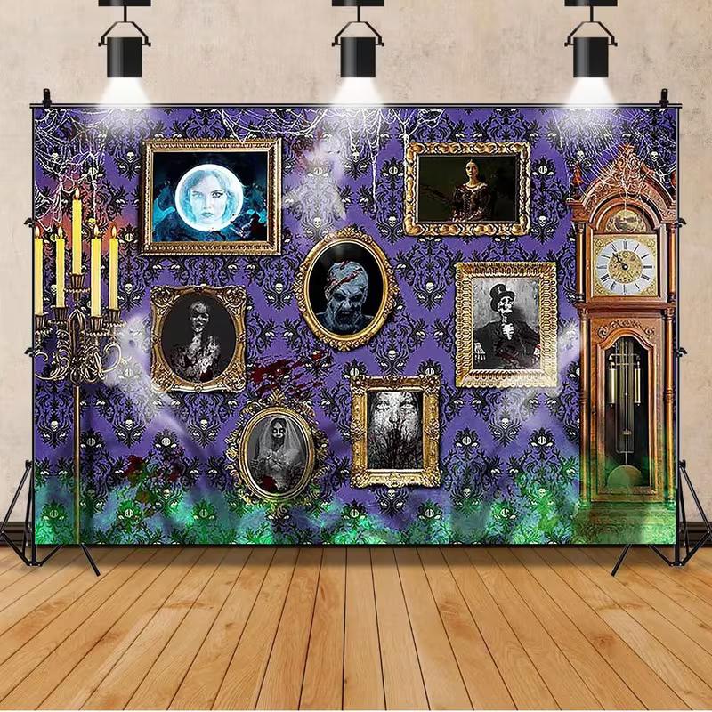 

2D Spooky Haunted House Backdrop, Ghost Portraits & Grandfather Clock Photo Background 47.2x31.5inch/120*80cm