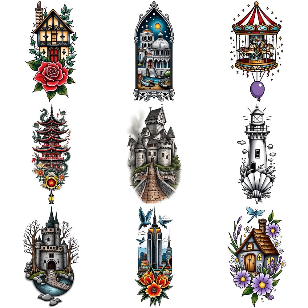 

9pcs Castle Building Temporary Tattoo Waterproof Long Lasting Body Sticker Tattoo Sticker Adult Cosplay Party Stickers Props