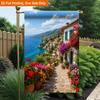 2D Flat, 2D Flat Printing Garden Flag 1pc, Colorful Mediterranean Coastal Scenery Durable Single-Sided Print Yard Flag, Garden & Home Holiday Decorati