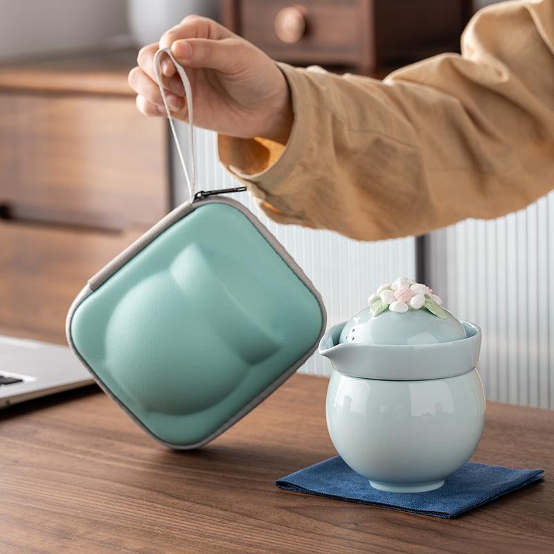 Pink travel camping outdoor portable storage bag kung fu tea set women's handmade pinched flower souvenir